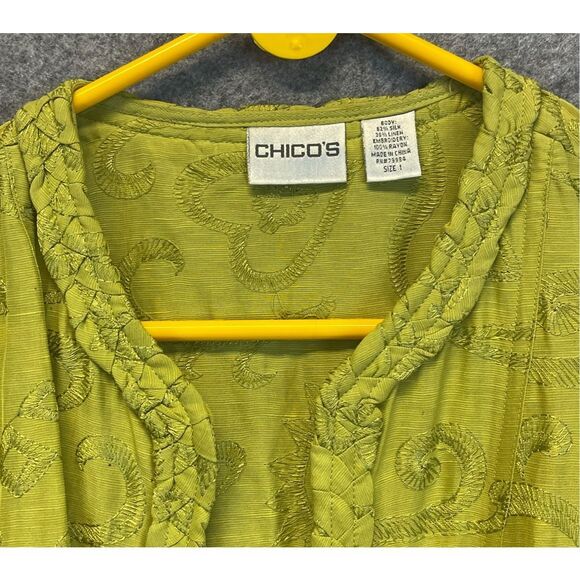 CHICO’S Silk Linen Jacket Size 1 (8/M) Chartreuse Embroidered Open Front Green - Picture 3 of 11